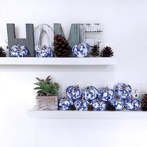 Winlyn 12 Pcs Small Fabric Decorative Blue and White Pumpkins Chinoiserie Chic Foam Pumpkins 3" for Gifts Fall Wedding Halloween Thanksgiving Table Centerpiece Mantel Farmhouse Décor