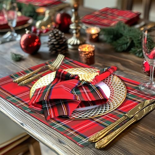 COTTON CRAFT Christmas Tartan Plaid Cloth Napkins - 12 Pack 100% Cotton
