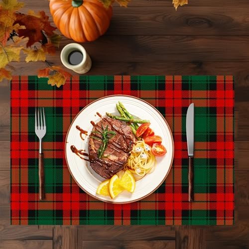 Christmas Plaid Placemats Set of 6,Washable Heat Resistant 12×18 Inch Linen Table Mats Green Red Place Mats for Party Outdoor Dining Décor