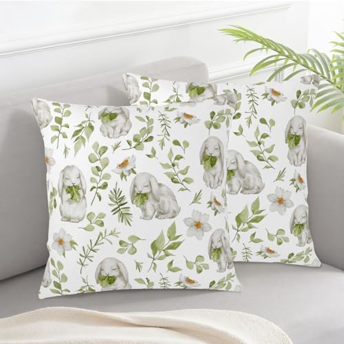 Easter Outdoor Pillow Covers 22x22 Set of 2 Sage Green Bunny Floral Leaf Throw Pillow Covers Spring Rabbit Flower Farmhouse Pillowcase for Home Couch Sofa Decor