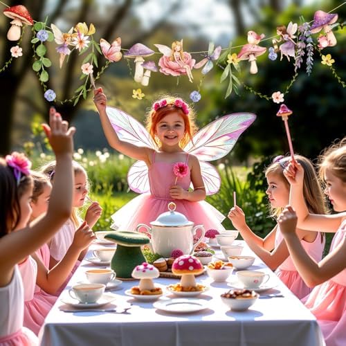 Fairy Mushroom Banner Wildflower Party Decorations Paper Flower Leaves Banner Fairy Garland for Wall Decoration Spring Baby Shower Wedding Backdrop Decorations
