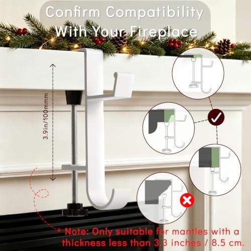 HMASYO 2-in-1 Christmas Garland & Stocking Holders for Mantle Set of 4, White Adjustable Low-Profile Fireplace Hangers with Dual Hooks, Metal Stocking Hooks for Garland, Fits 0.5”-3.4”Mantels