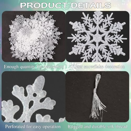 White and Silver Christmas Snowflake Ornaments- 36Pcs Plastic Glitter Hanging Snow Flakes for Christmas Tree Decorations Winter Wonderland Frozen Birthday Party Holiday Home Decor Craft Snowflakes