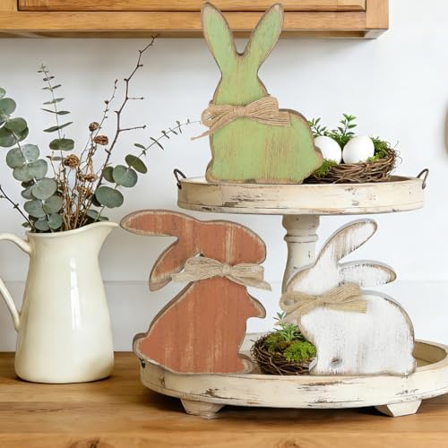 3Pcs Easter Decorations, Farmhouse Wooden Bunny Table Decor Rustic Rabbit Centerpieces Sign for Home Tiered Tray Mantel Office Party Supplies (Dark)