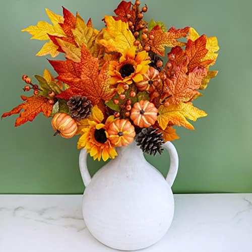 Winlyn 8 Pcs Assorted Artificial Maple Leaf Branches Faux Fall Picks and Sprays with Pumpkins Sunflower Heads Pine Cones Berries for Farmhouse Fall Thanksgiving Floral Arrangement Centerpiece Wreath