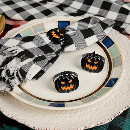 Halloween Napkin Rings Set of 6, Black Ghost Pumpkin Napkin Rings Holders Metal Buckle Serviette for Halloween, Horror Theme Party, Autumn Holiday, Dining Table Decoration