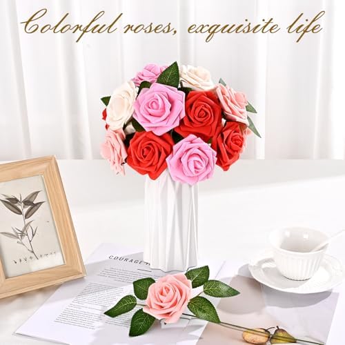 BLEUM CADE 16Pcs Artificial Flowers Fake Foam Roses with Stems for Wedding
