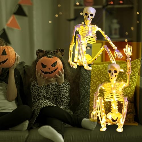 2 Pack 24 Inches Halloween Skeleton, LED Light Up Pose-N-Stay Halloween Skeleton Full Body Posable Movable Jonints for Halloween Decoration