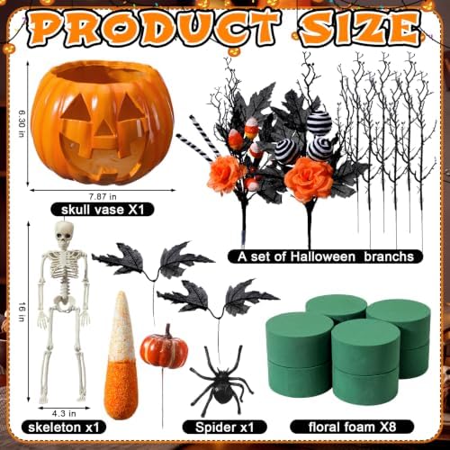 Wiwiqing Halloween Decorations Pumpkin Vase Ornaments with Black and Orange Branch Bow Flower Soil, DIY Spooky Halloween Ghosts Skull Face Pumpkin Vase Crafts, Retro Table Centerpiece Decor