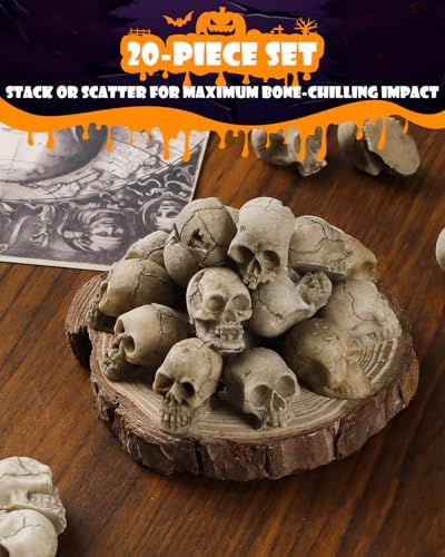Uniclife 20 Pcs Halloween Mini Skull Decorations, Halloween Fish Tank Decor, Realistic Resin Mini Skulls Figurines for Party Crafts Bar Home, Vase Fillers, Miniature Skeleton Head Table Decor