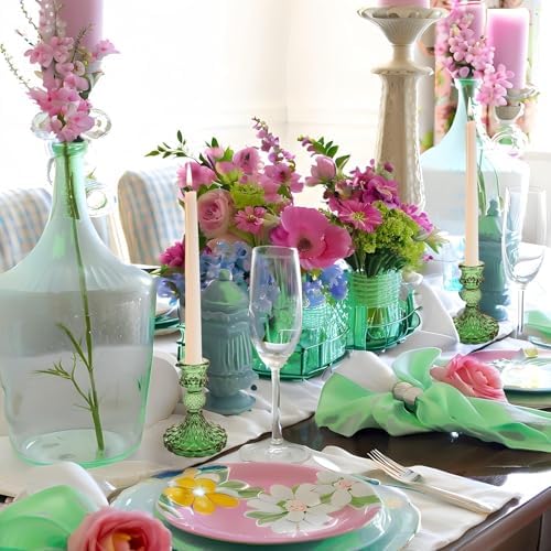 Green Glass Candlestick Holders, Taper Candle Holders, Set of 6
