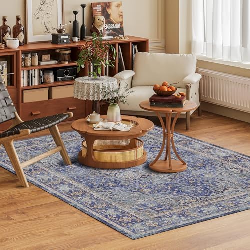 Washable Area Rug 9' x 12' Vintage Traditional Persian Mat - Foldable Distressed Non-Slip Machine Washable Carpet for