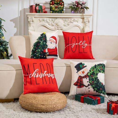 Hongsome Christmas Throw Pillow Covers 18x18 in Set of 4 Decorations,Decorative Snowman Santa Pillow Case for Couch Sofa Winter Holiday Indoor Outdoor Home Red White Xams Decor