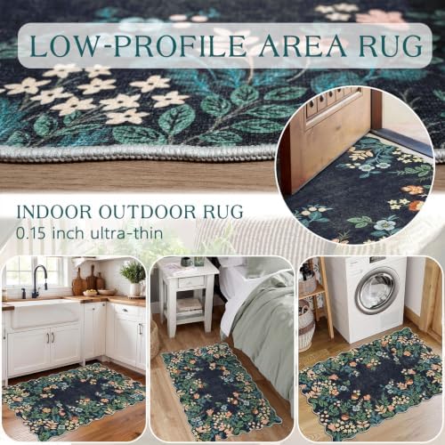 Front Door Mat Indoor Outside Entrance - 2x3 Dark Navy Floral Rug