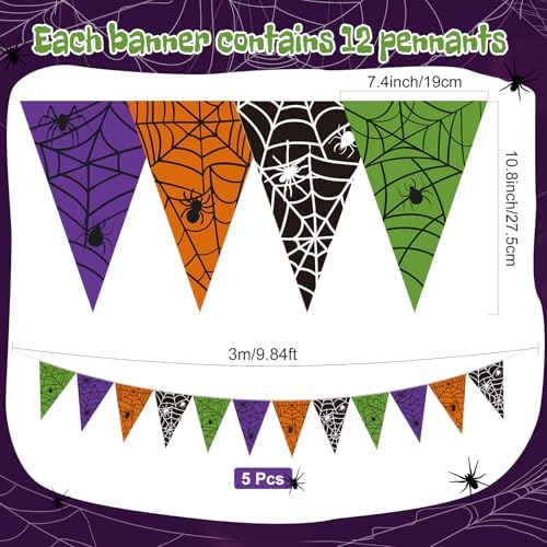 Jetec 5 Pcs 49 Ft Halloween SpiderWeb Pennant Banner Paper Spiderweb Banner