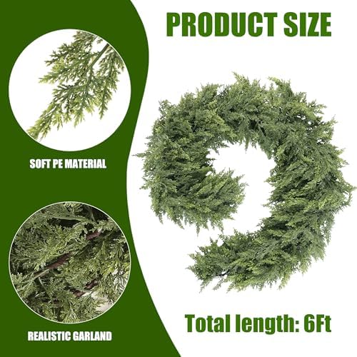 Sggvecsy 6Ft Christmas Cedar Garland Real Touch Artificial Pine Cypress Realistic Greenery Garland for Table Wall Mantle Indoor Fireplace Home Holiday Winter Xmas Decoration (2 Pack)