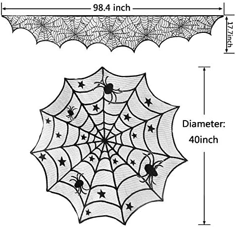 Jovitec Round Lace Table Topper Black Spider Tablecloth and Fireplace Spider Decorations Lace Spiderweb Mantle Scarf Cover for Halloween Window, Dinner Party, Festival Party, Scary Movie Nights
