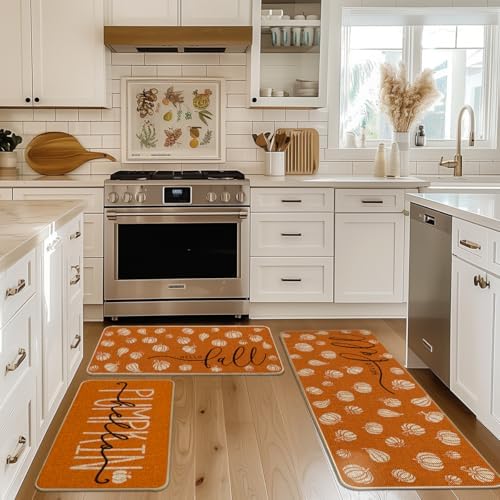 Artoid Mode Orange Fall Kitchen Mats Set of 3-17"x29"+17"x36"+17"x47"