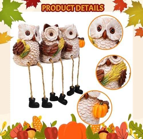 Thanksgiving Owl Figurines Set of 3 Fall Shelf Sitters Dangling Legs