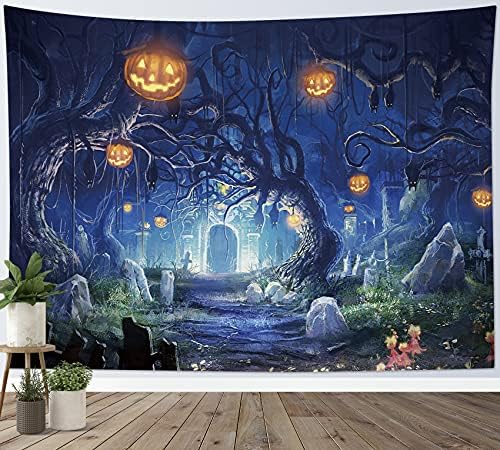 HVEST Halloween Tapestry Night Tapestry Wall Hanging Haunted Woods with Grave and Pumpkins Wall Blanket for Bedroom Living Room Dorm Decor,59W X 51H inches