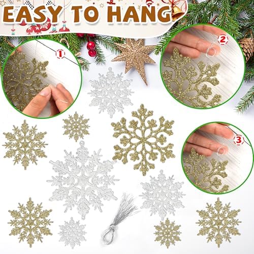 36pcs Snowflakes-Christmas Tree Decorations, Snowflake Ornaments for Tree, Plastic Glitter White Gold Snow Flakes Ornaments, Christmas Indoor Winter Wonderland Frozen Birthday Party Holiday Home Decor