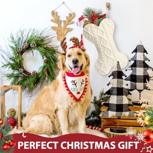 Hommtina Dog Christmas Stocking, Bone Shape Christmas Stocking for Dogs, Xmas Fireplace Hanging Stockings for Pets, Knit Dog Stockings Christmas Decorations(Bone, Classic White)