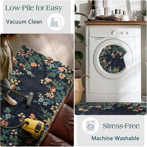 Dark Navy Floral Entry Rug - 3x5 Ft Washable Indoor Outdoor Mats for Front Door Porch Rug Non-Slip Spring Door Mat Boho