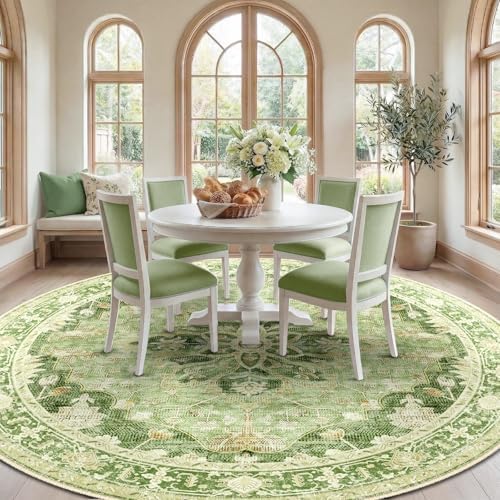 RELEANY Washable Area Rug, Round 10ft, Green/Yellow