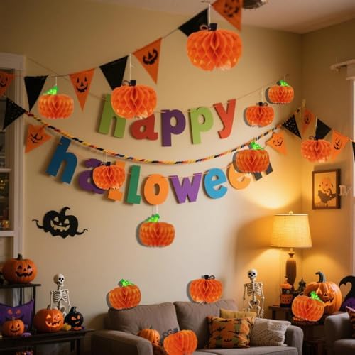12 Pcs 10 Inch Hanging Pumpkin Shaped Honeycomb Centerpiece with String, Large Autumn Tissue Ball Table Decoration for Halloween Thanksgiving Party Supplies