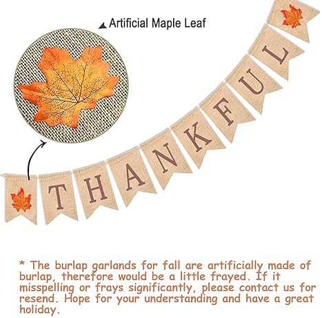 Thankful Burlap Banner Fall Autumn Maple Leaves Rustic Burlap Harvest Banner for Mantel Fireplace Wall Hanging for Welcome Home Office School Party Decor Thanksgiving Decoration Grateful Blessed Wall