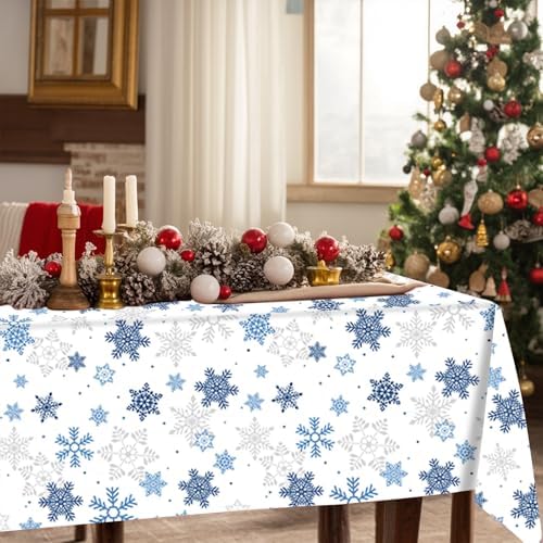 6 Pack Christmas Snowflake Tablecloth Disposable Plastic Tablecloth Table Cover for Christmas Party Decoration Supplies 54" x 108" (Blue Snowflake)
