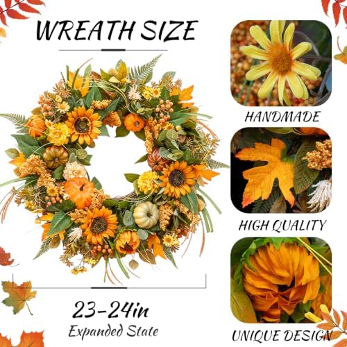 24 Inch Fall Wreaths for Front Door Outside with Sunflowers,Pumpkins,Leaves