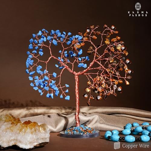 Handmade Healing Crystal Tree of Life Pink Tiger Eye and Turquoise Chakra Tree for Money, Good Luck, Feng Shui Home