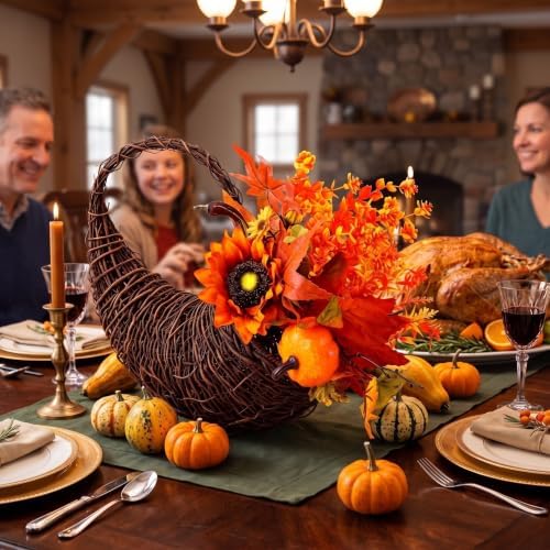 Rattan Cornucopia Basket Thanksgiving Fall Table Centerpiece