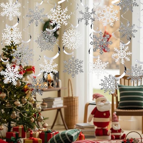 Snowflake Decorations, Christmas Hanging Decor, White Silver, 48-Pc