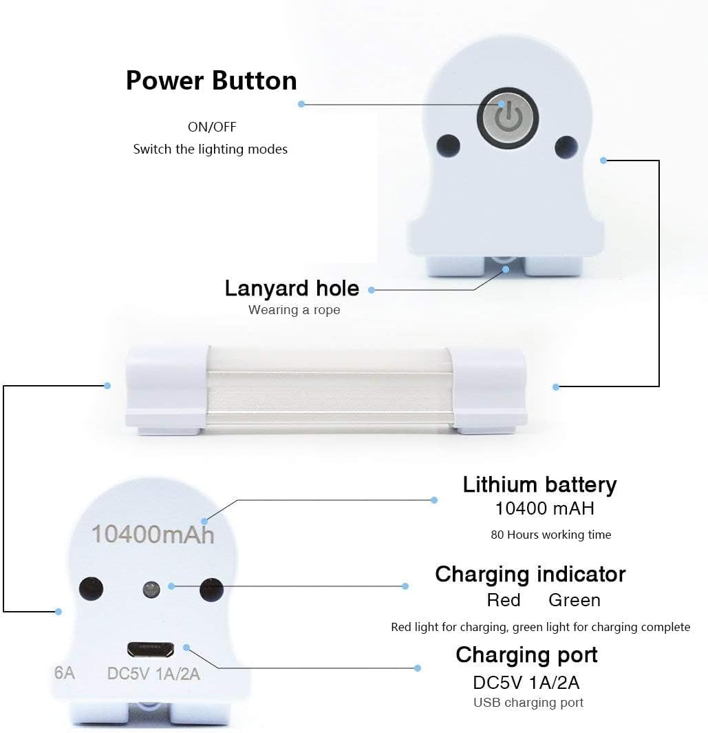 LETOUR 10pcs LED Tube Magnetic Light Work Lights 6000Lumens 10400mAh 5 Lighting Options Camping Lantern USB