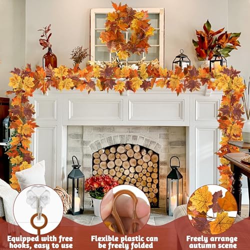 2Pack 11.8FT Fall Garland for Mantle Thanksgiving Wedding Autumn Decoration