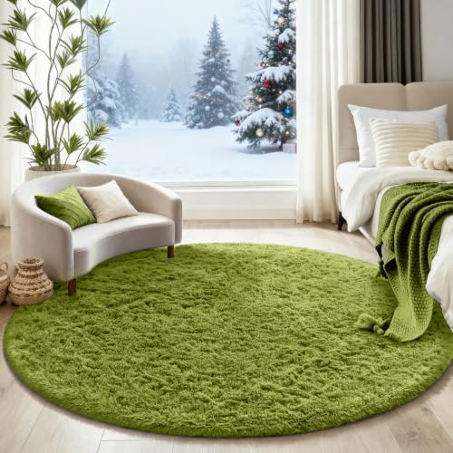 Ophanie Round Rug 5Ft Green Circle Area Rug, Green Room Decor, Fluffy Fuzzy Bedroom Carpet, Plush Soft Shaggy Living