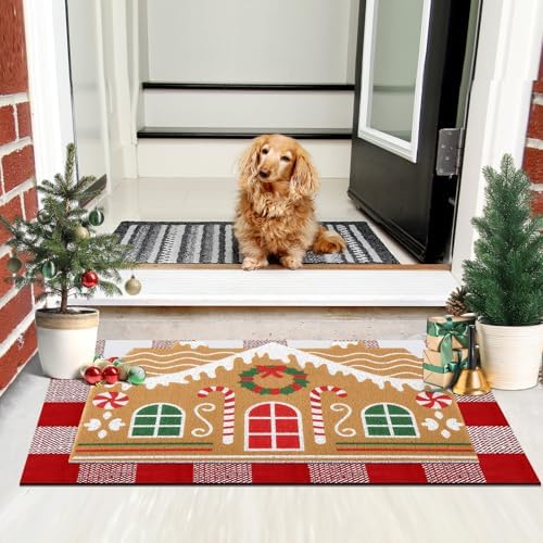 Tinideya 2 Pcs Gingerbread House Layered Doormat Set