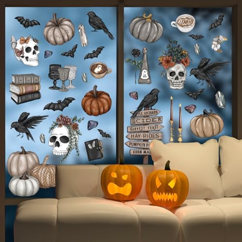 JarThenaAMCS 76Pcs Halloween Window Clings Gothic Skull Pumpkin Crow Window Sticker Double-Sided Decal for Glass Mirror Decor, 9 Sheet