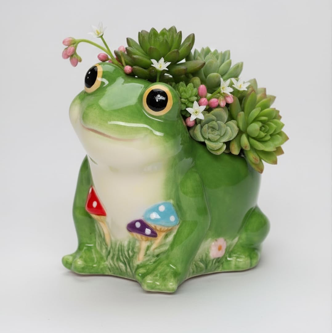 Fine Ceramic Frog and Forest Mushrooms Planter Pot Candy Dish Bowl