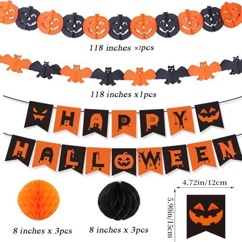 Halloween Party Decorations Happy Halloween Banner Black Orange Pumpkin Bats Decorations for Home Classroom Office Decorations ﻿