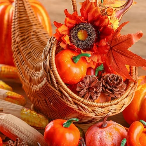 Dandat Cornucopia Basket Rattan 13.78" Horn Plenty Thanksgiving Decor