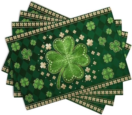 Green Shamrock St Patricks Day Placemats Set of 4 Lucky Clover Plaid Check Table Mat 12x18 Inch St. Patrick's Day Seasonal Holiday Place Mats Spring Linen Placemat for Party Kitchen Dining Decor