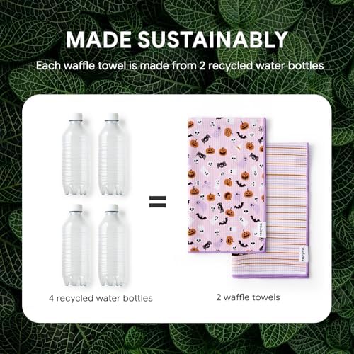 RECYCO Halloween Waffle Kitchen Towel Set of 2 - Quick Dry Microfiber Sustainable Dish Towels - Absorbent Reusable Cleaning Tea Towels - Lightweight Hand Towels,16”x 28”, Pink Boo