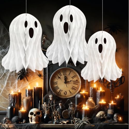 Halloween Ghost Honeycomb Hanging Decorations 6 Pcs White Table Centerpiece Paper Hanging Ornaments Halloween Party Window Spooky Haunted House Desk Decor