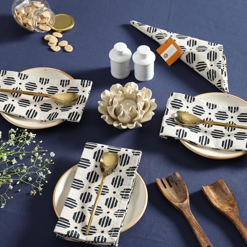 TARAN LIVING Cotton Cloth Napkins Natural Reusable Fall Dinner Napkins Reusable Machine Washable Fabric for Events, Gift, Home Decor - Black & Off White,18x18 Inches - (Pack of 12)