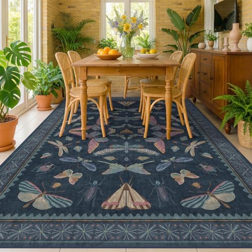 Navy Blue 6x8 Boho Rug for Living Room, Stain Resistant Non Slip Area Rug for Dining Room & Bedroom, Dark Vintage