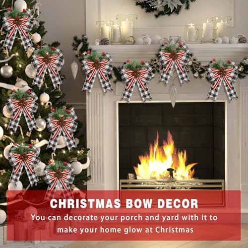 Moucuny 6 Pcs Christmas Burlap Bows Black White Buffalo Plaid 5 x 6 Inch