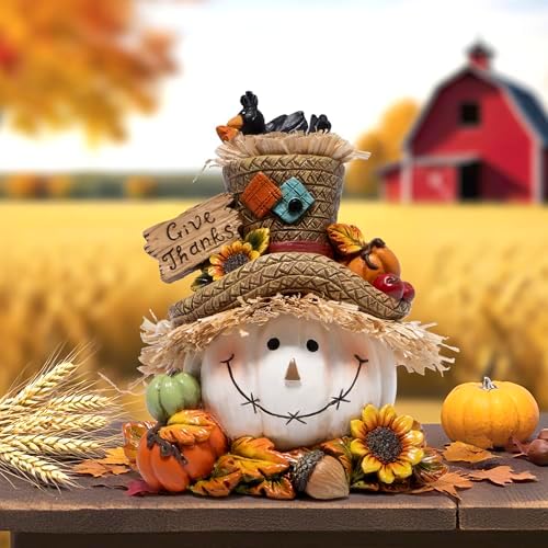 Hodao Thanksgiving Pumpkin Decorations, Resin Fall Autumn Figurine with Straw Hat, Birds, Acorns & Sunflowers, Give Thanks Sign, Festive Gift for Home Tabletop Mantel Thanksgiving Decorations (White)